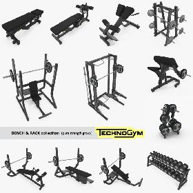3D Bench, Rack & Barbell collection Technogym, full set 12 gym models